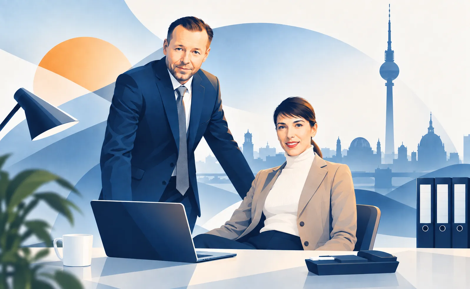 Illustration: Mirco und Jessica Dziekanski im Büro, dahinter die Berliner Skyline mit Fernsehturm